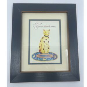 Cute Yellow Polka Dot Cat Home is Where the Cat Is Framed Wall Art 10"x12"